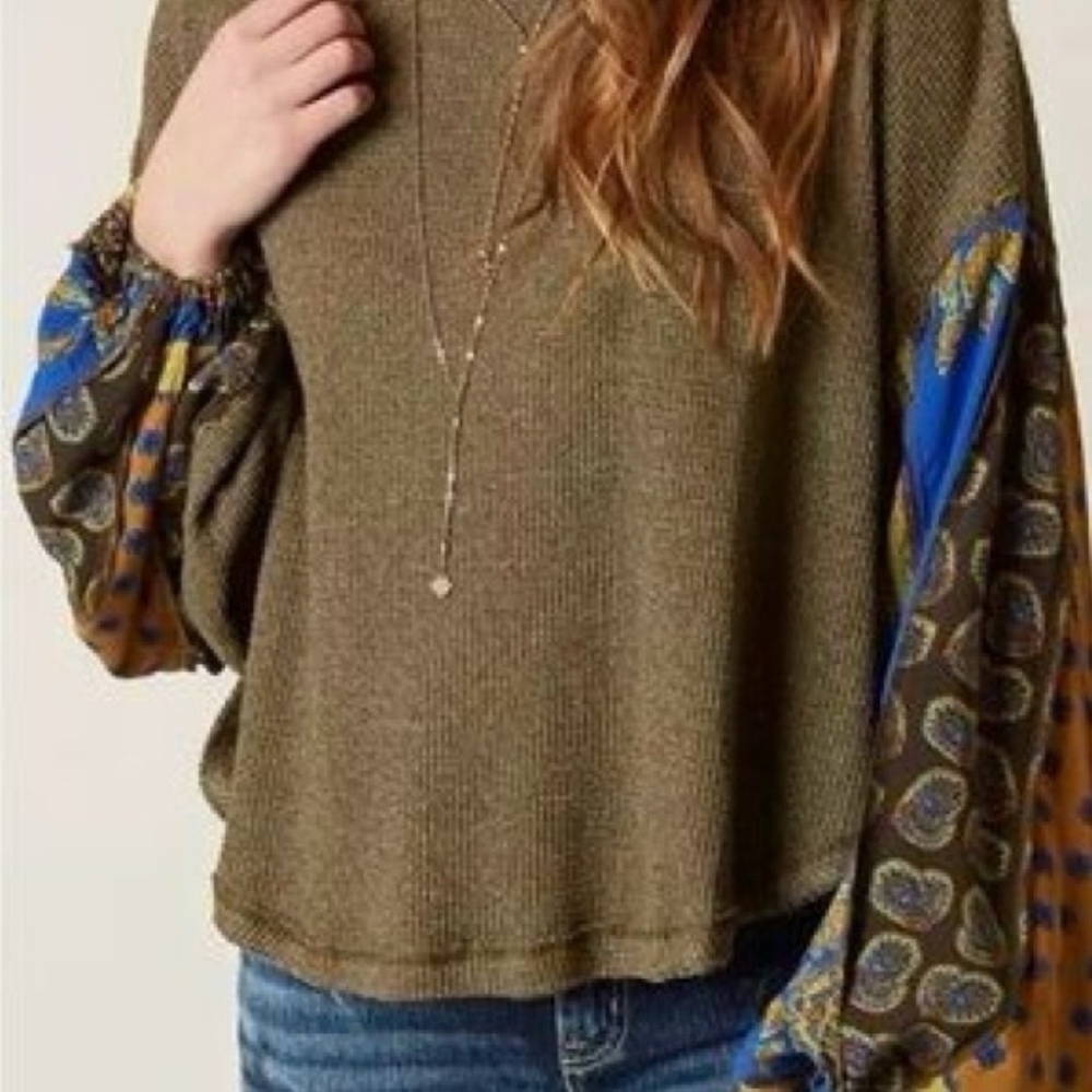 Free People We the Free Blossom Thermal balloon sleeve waffle knit top in olive